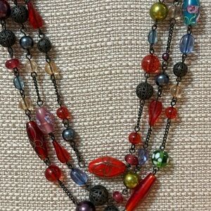 VINTAGE AVON TRIPLE STRAND RAINBOW GLASS BEAD NECKLACE